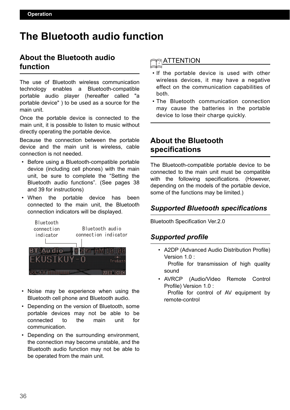 The bluetooth audio function, About the bluetooth audio function, About the bluetooth specifications | Supported bluetooth specifications, Supported profile | Eclipse - Fujitsu Ten CD7200 MKII User Manual | Page 36 / 119