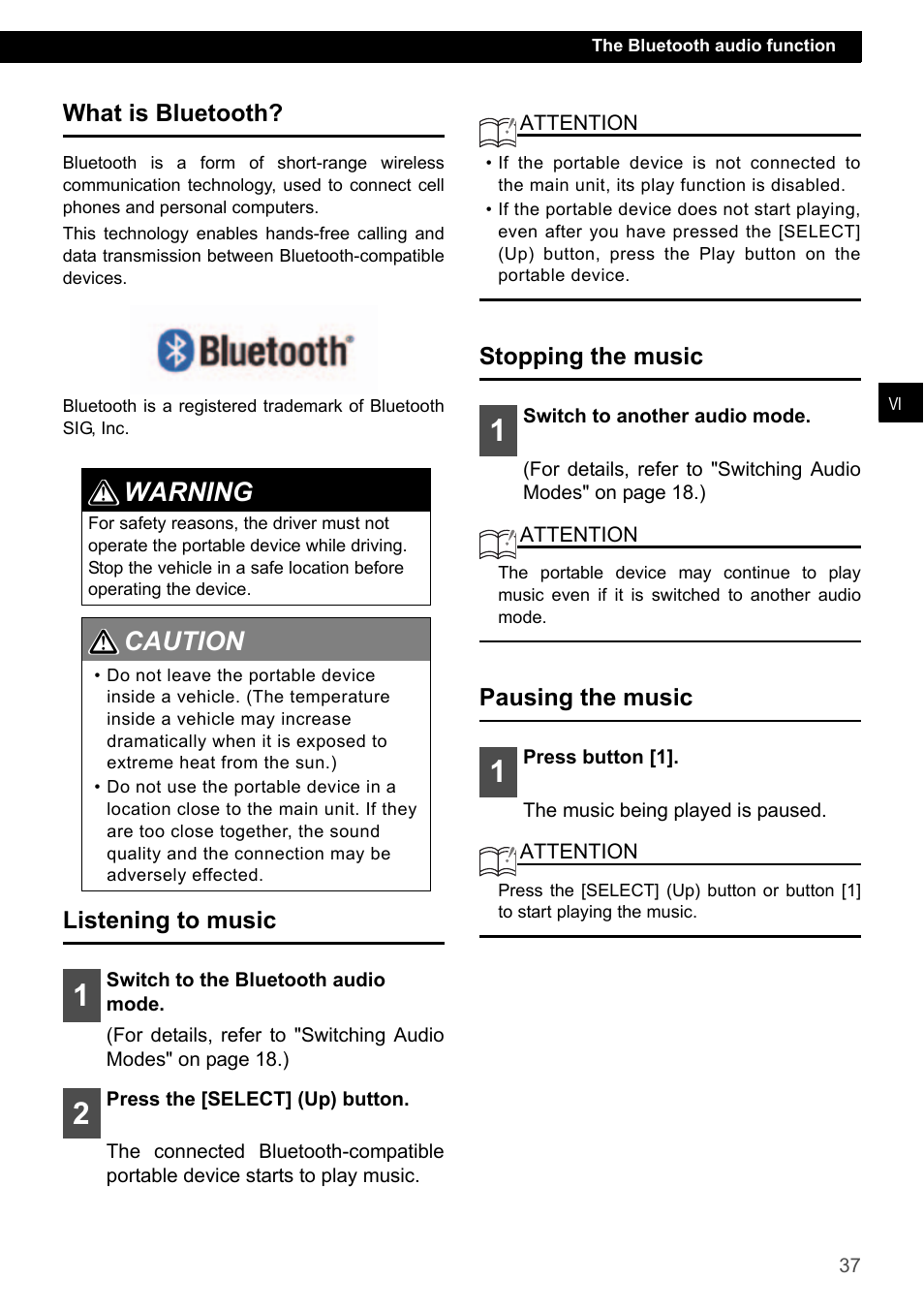 What is bluetooth, Listening to music, Stopping the music | Pausing the music, Warning 1 2, Caution 1 2 | Eclipse - Fujitsu Ten CD7200 MKII User Manual | Page 37 / 119