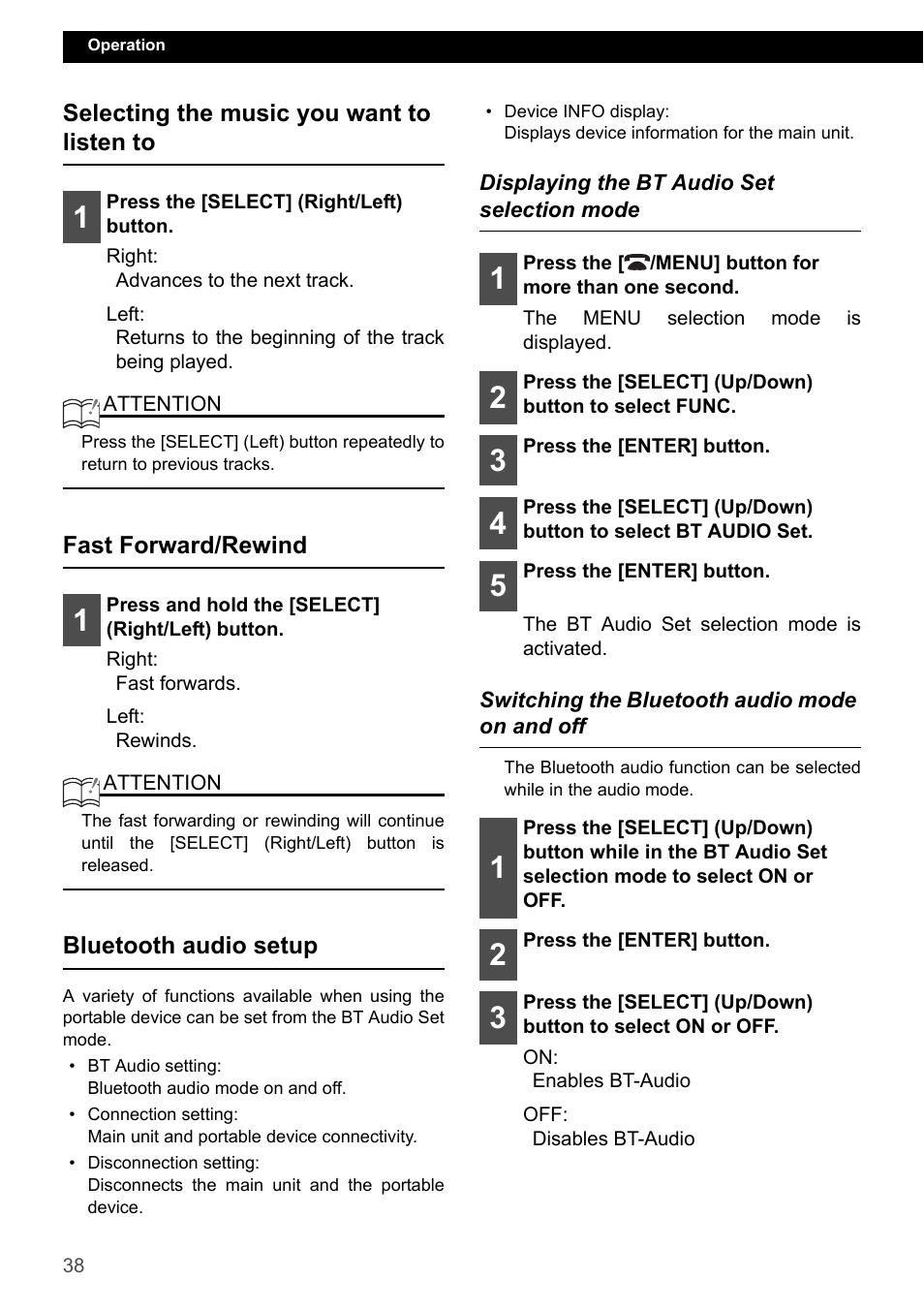 Selecting the music you want to listen to, Fast forward/rewind, Bluetooth audio setup | Displaying the bt audio set selection mode, Switching the bluetooth audio mode on and off | Eclipse - Fujitsu Ten CD7200 MKII User Manual | Page 38 / 119