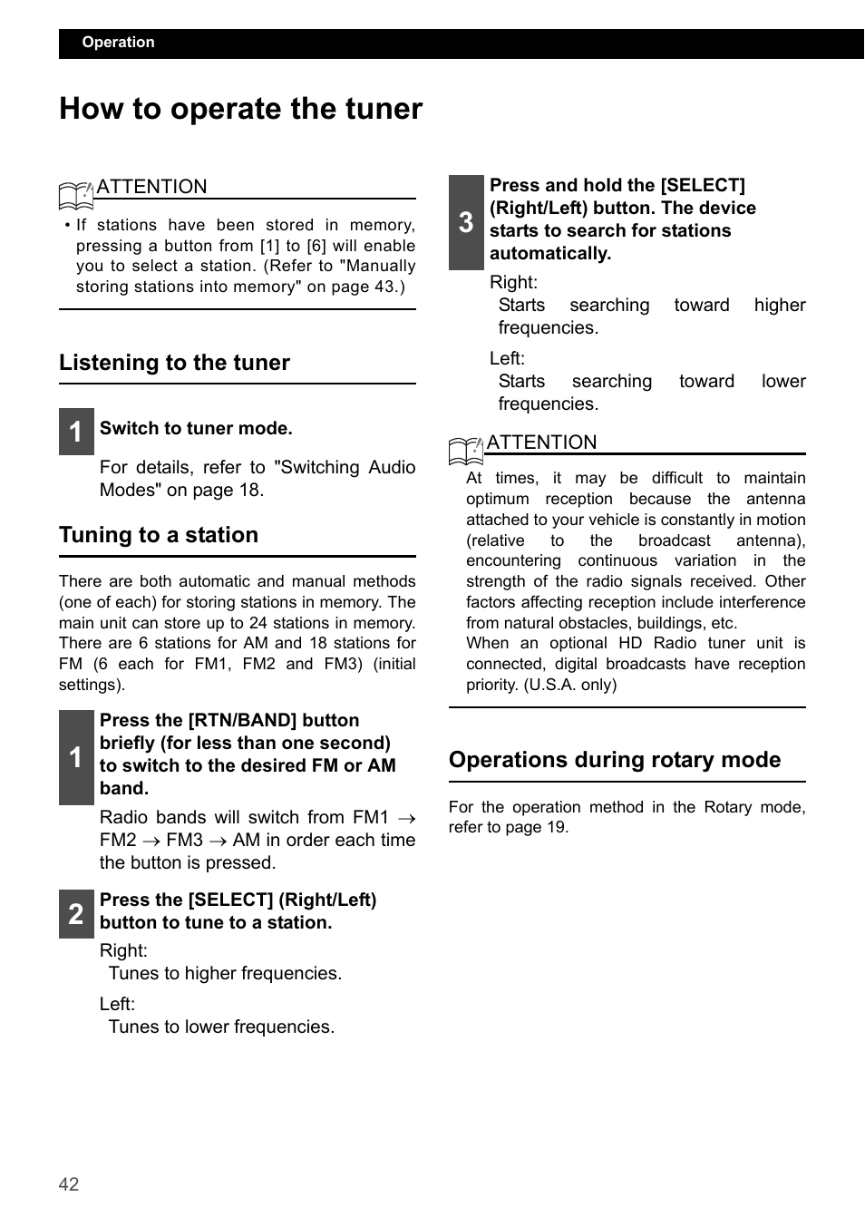 How to operate the tuner, Listening to the tuner, Tuning to a station | Operations during rotary mode | Eclipse - Fujitsu Ten CD7200 MKII User Manual | Page 42 / 119