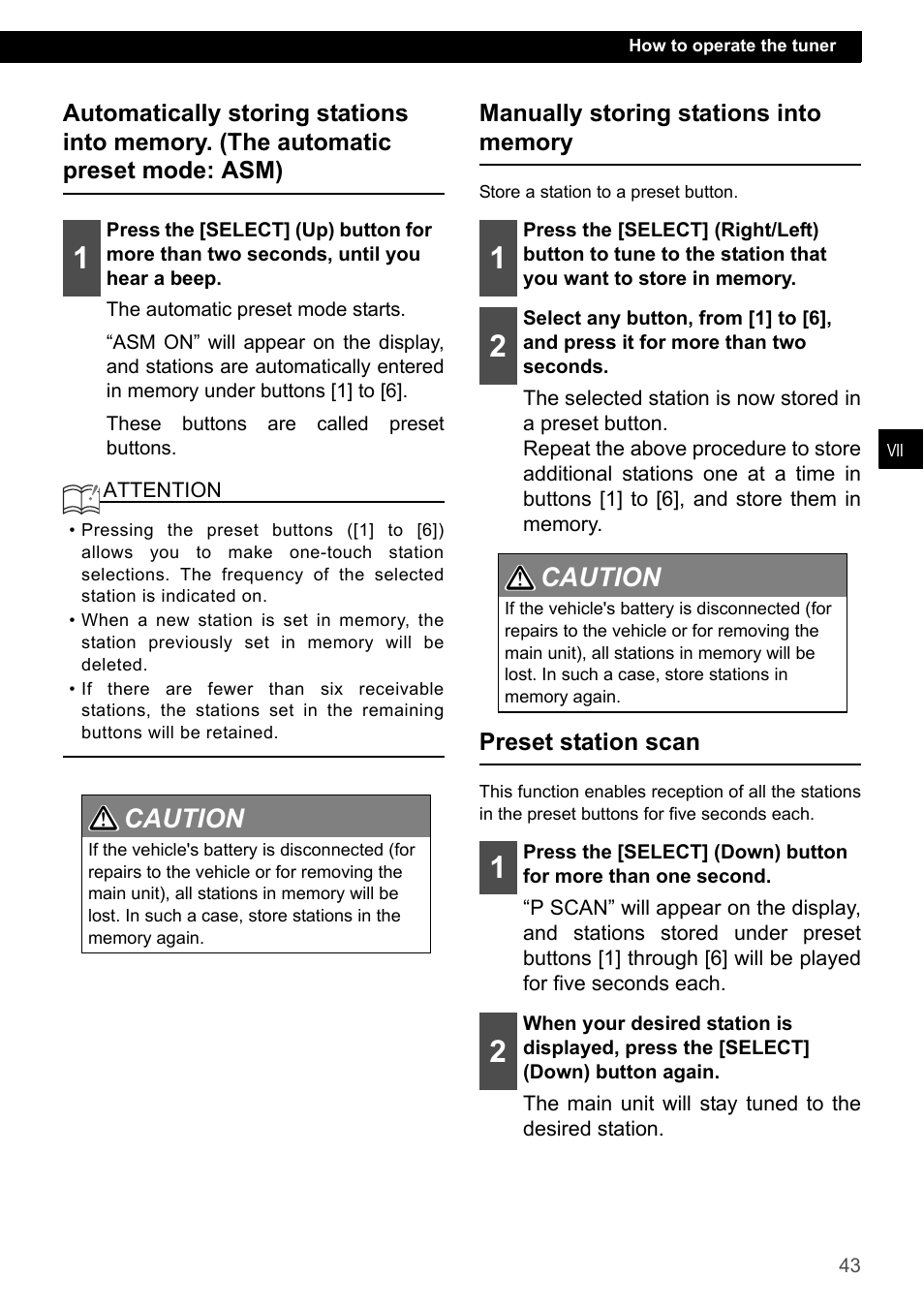 Manually storing stations into memory, Preset station scan, Caution 1 2 | Eclipse - Fujitsu Ten CD7200 MKII User Manual | Page 43 / 119