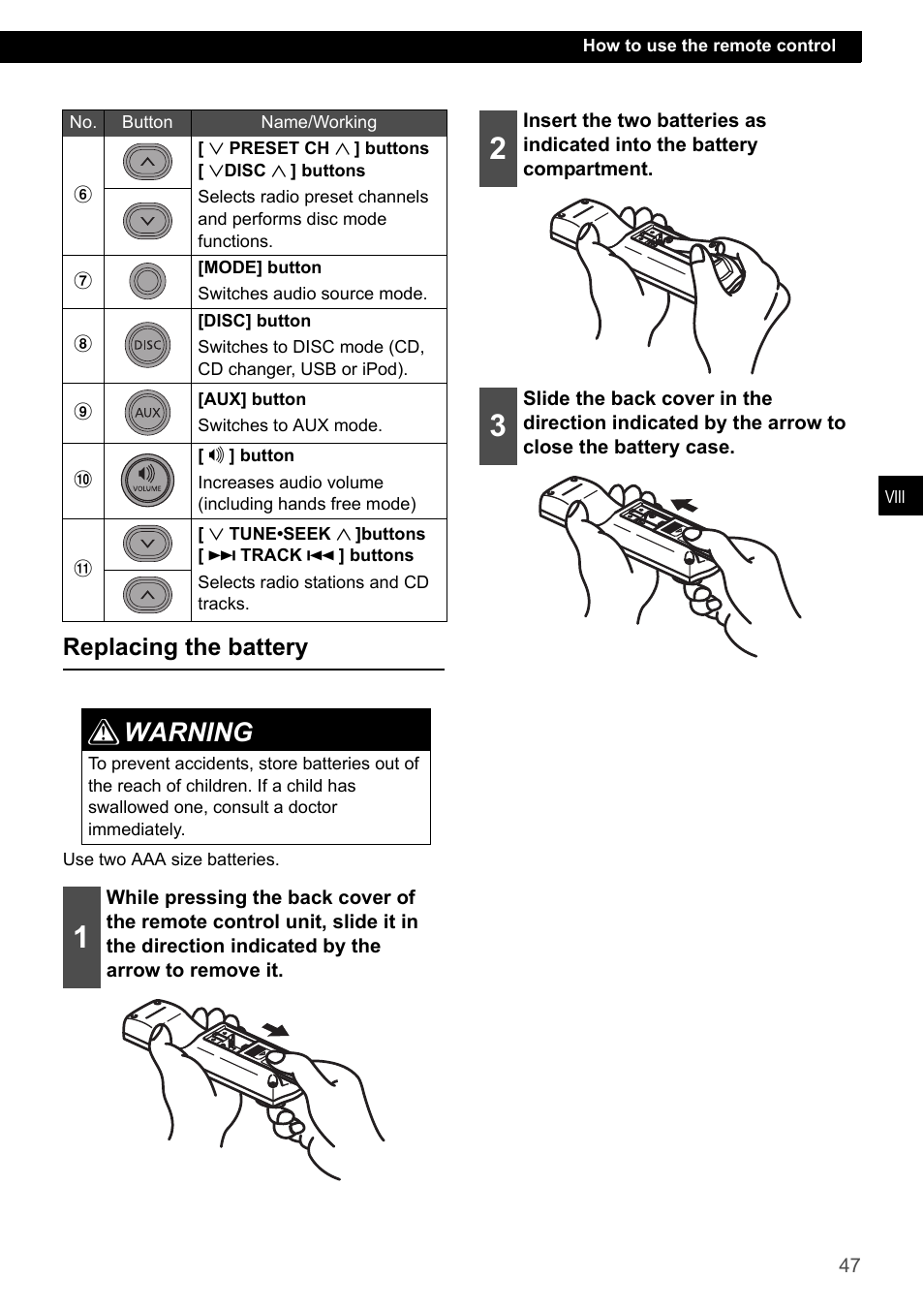 Replacing the battery, Warning 1 2 | Eclipse - Fujitsu Ten CD7200 MKII User Manual | Page 47 / 119