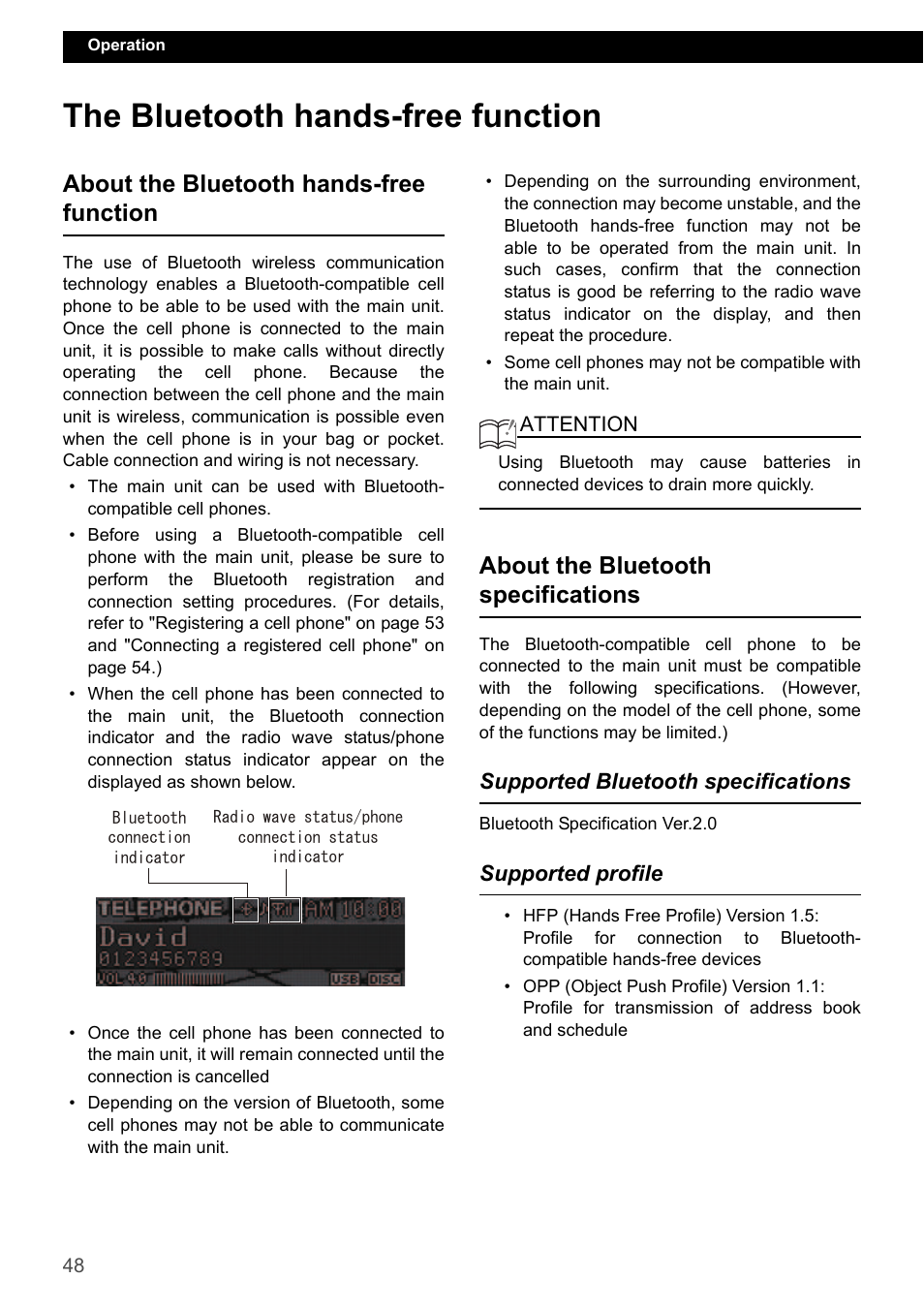 The bluetooth hands-free function, About the bluetooth hands-free function, About the bluetooth specifications | Supported bluetooth specifications, Supported profile | Eclipse - Fujitsu Ten CD7200 MKII User Manual | Page 48 / 119