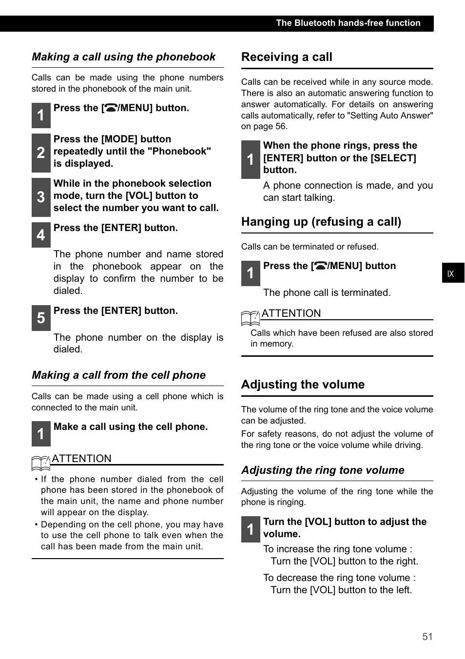 Making a call using the phonebook, Making a call from the cell phone, Receiving a call | Hanging up (refusing a call), Adjusting the volume, Adjusting the ring tone volume | Eclipse - Fujitsu Ten CD7200 MKII User Manual | Page 51 / 119