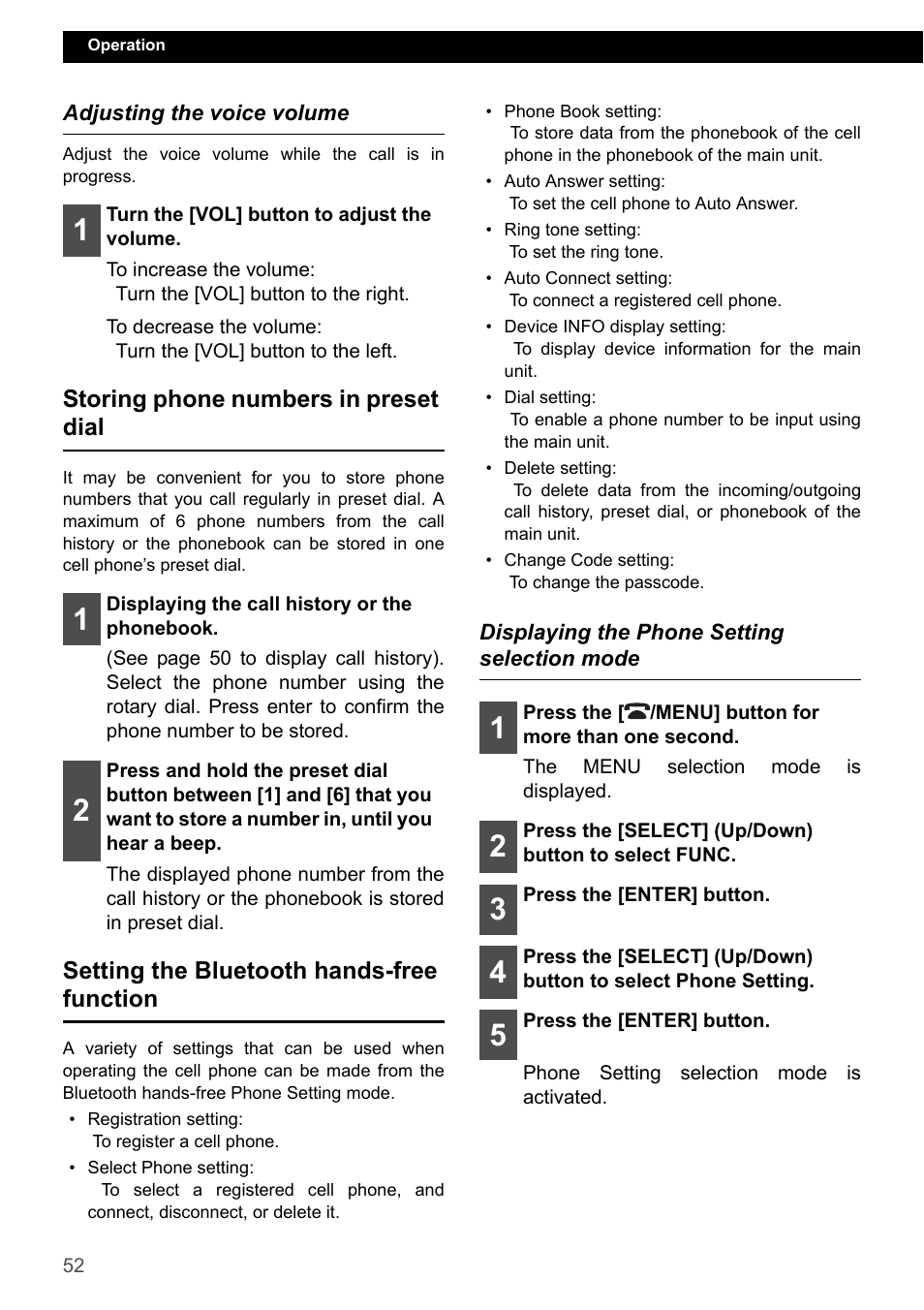 Adjusting the voice volume, Storing phone numbers in preset dial, Setting the bluetooth hands-free function | Displaying the phone setting selection mode | Eclipse - Fujitsu Ten CD7200 MKII User Manual | Page 52 / 119