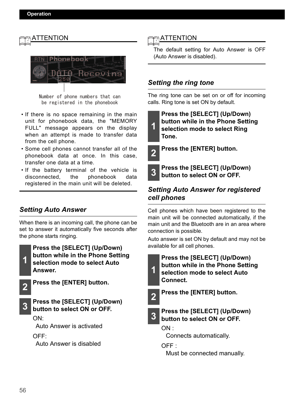 Setting auto answer, Setting the ring tone, Setting auto answer for registered cell phones | Eclipse - Fujitsu Ten CD7200 MKII User Manual | Page 56 / 119