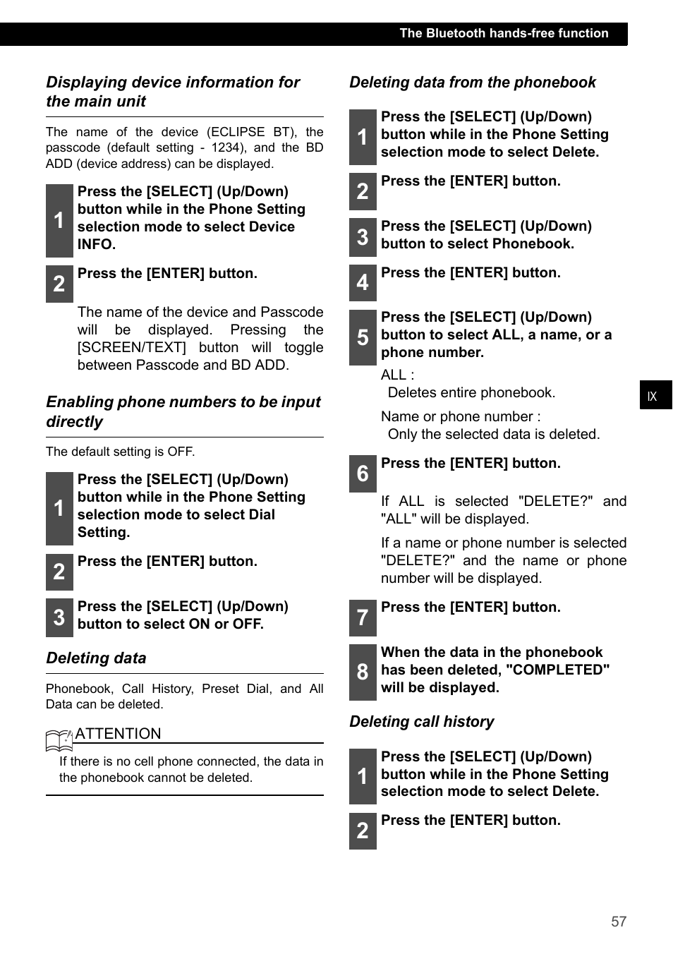 Displaying device information for the main unit, Enabling phone numbers to be input directly, Deleting data | Eclipse - Fujitsu Ten CD7200 MKII User Manual | Page 57 / 119