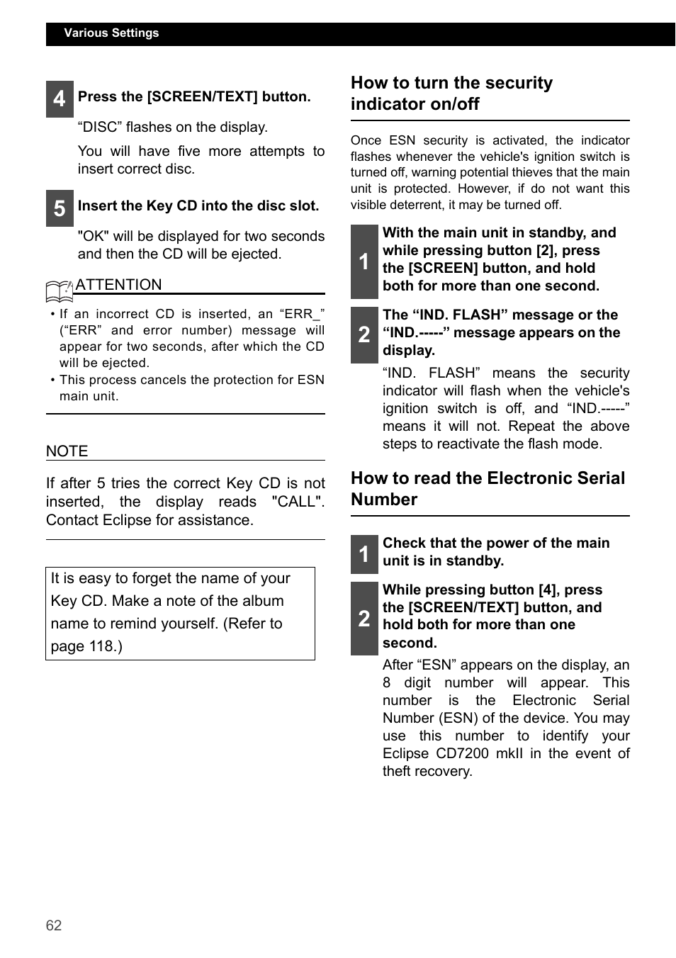 How to turn the security indicator on/off, How to read the electronic serial number | Eclipse - Fujitsu Ten CD7200 MKII User Manual | Page 62 / 119