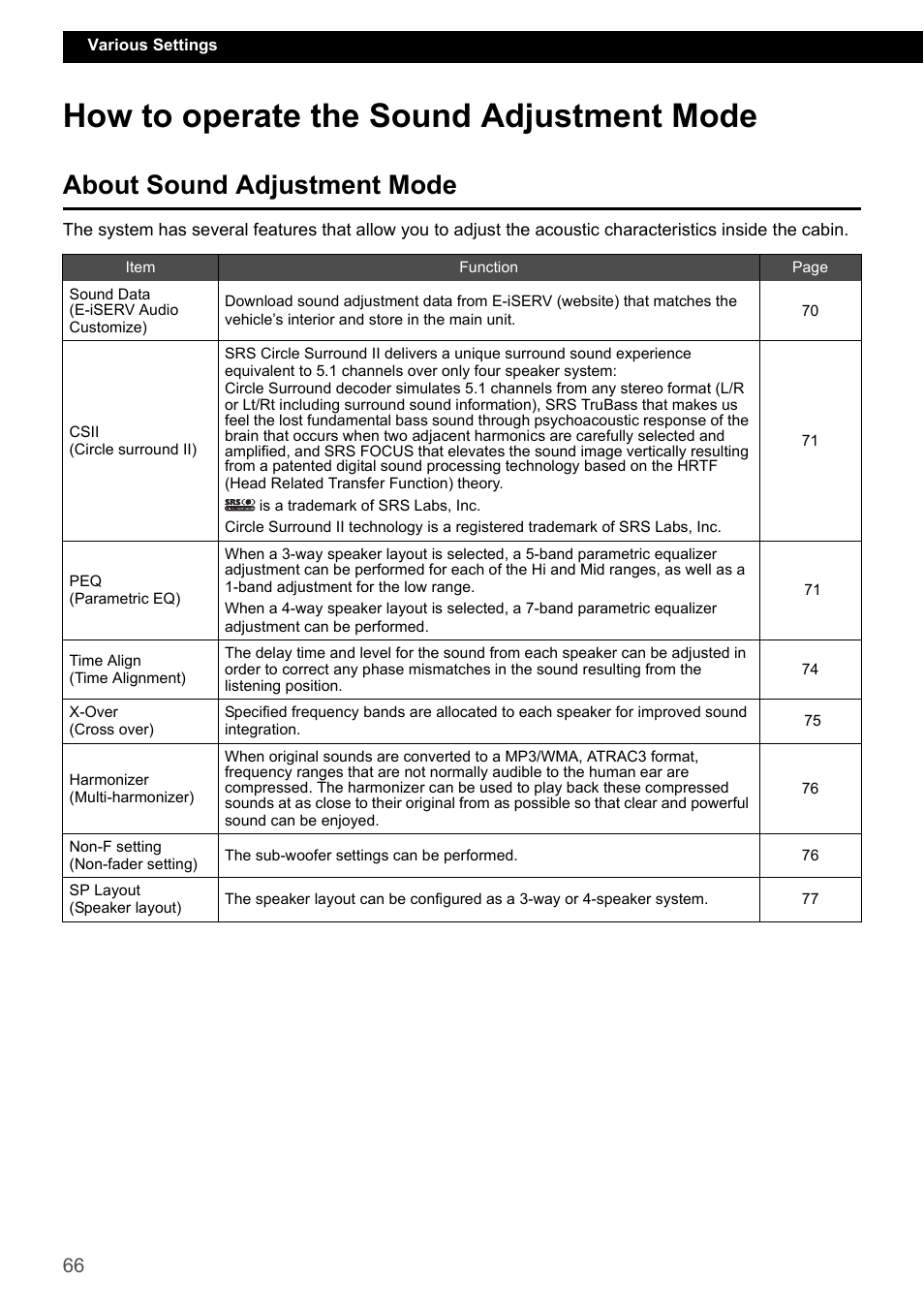 How to operate the sound adjustment mode, About sound adjustment mode | Eclipse - Fujitsu Ten CD7200 MKII User Manual | Page 66 / 119