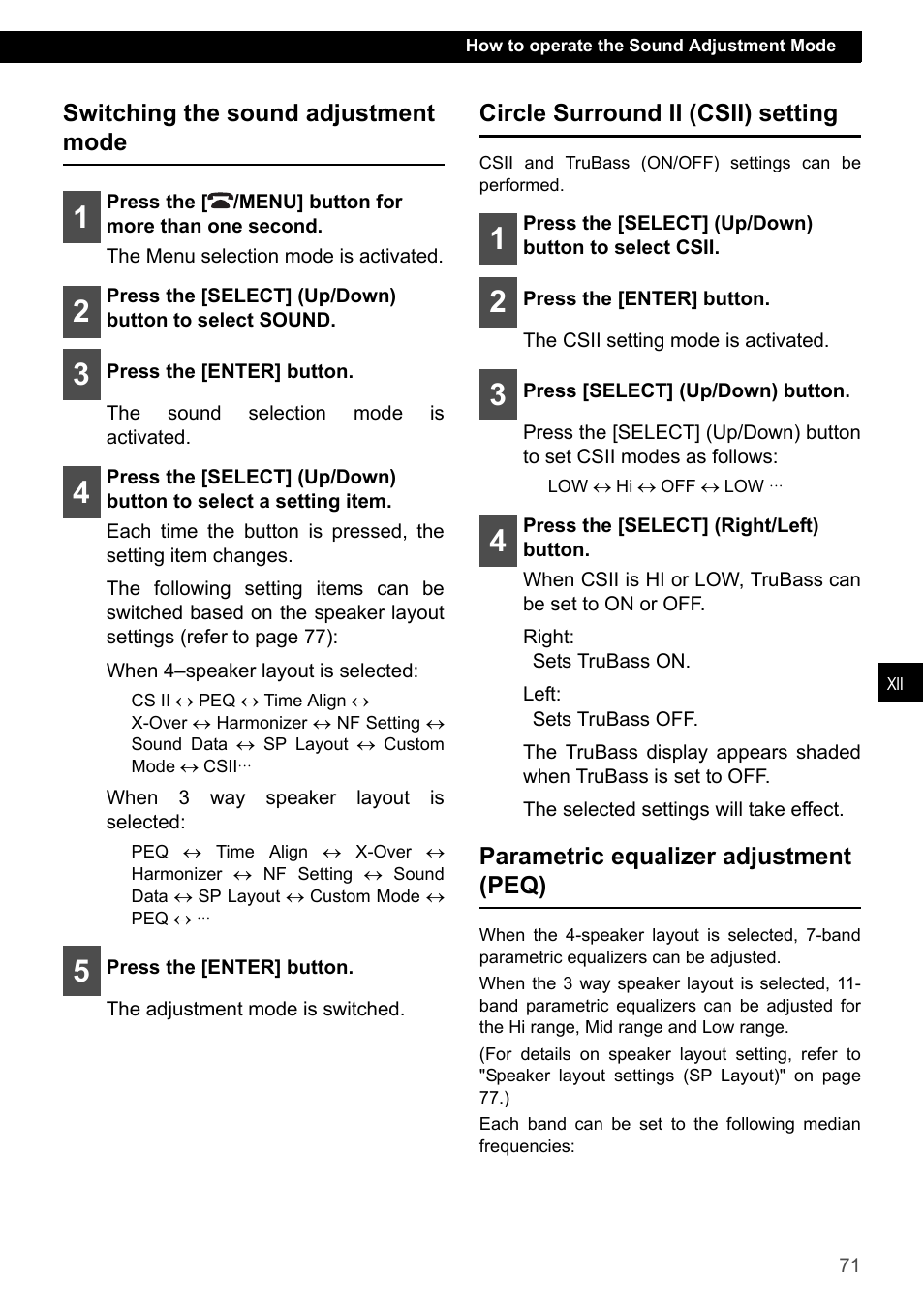 Switching the sound adjustment mode, Circle surround ii (csii) setting, Parametric equalizer adjustment (peq) | Eclipse - Fujitsu Ten CD7200 MKII User Manual | Page 71 / 119