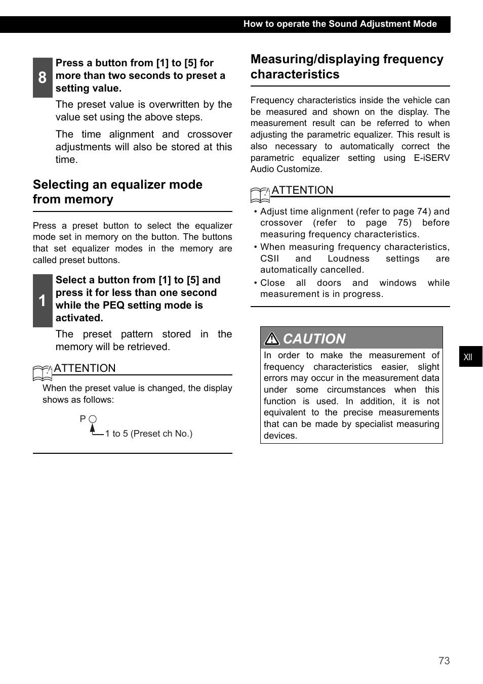 Selecting an equalizer mode from memory, Measuring/displaying frequency characteristics, Caution 1 2 | Eclipse - Fujitsu Ten CD7200 MKII User Manual | Page 73 / 119