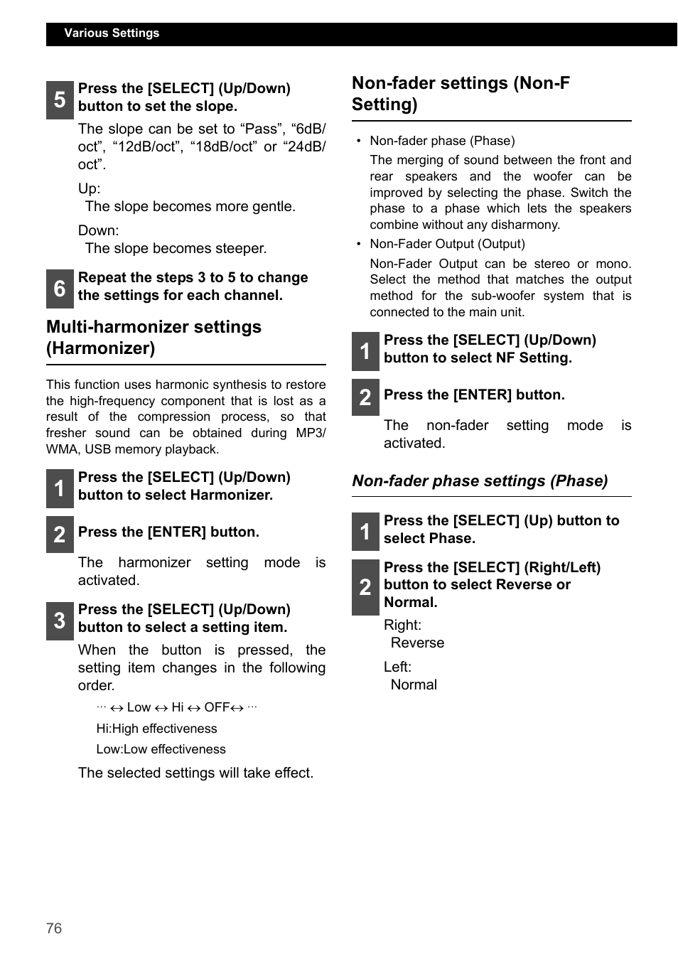 Multi-harmonizer settings (harmonizer), Non-fader settings (non-f setting), Non-fader phase settings (phase) | Eclipse - Fujitsu Ten CD7200 MKII User Manual | Page 76 / 119