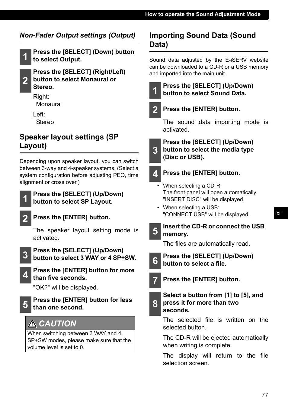 Non-fader output settings (output), Speaker layout settings (sp layout), Importing sound data (sound data) | Caution 1 2 | Eclipse - Fujitsu Ten CD7200 MKII User Manual | Page 77 / 119