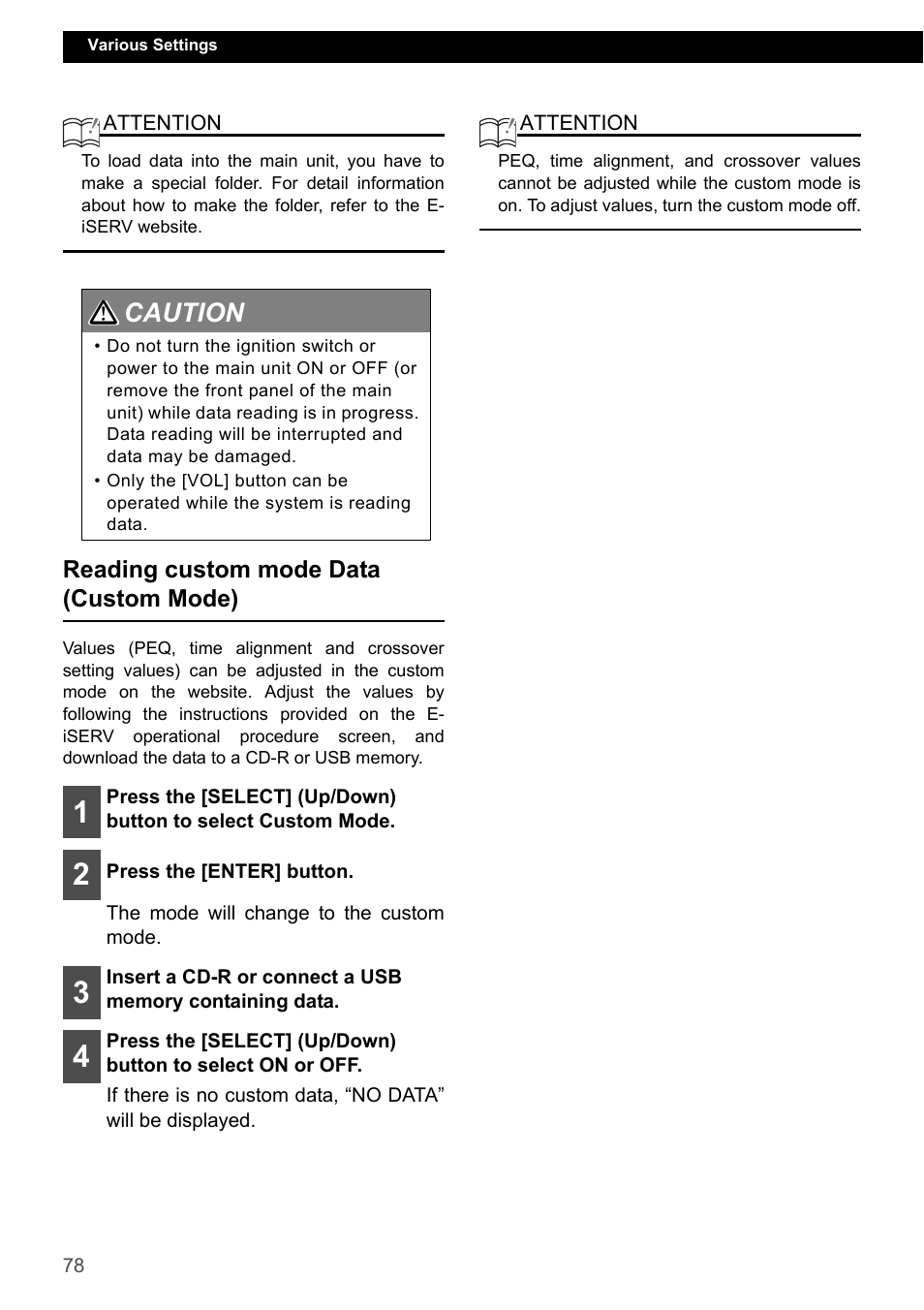 Reading custom mode data (custom mode), Caution 1 2 | Eclipse - Fujitsu Ten CD7200 MKII User Manual | Page 78 / 119