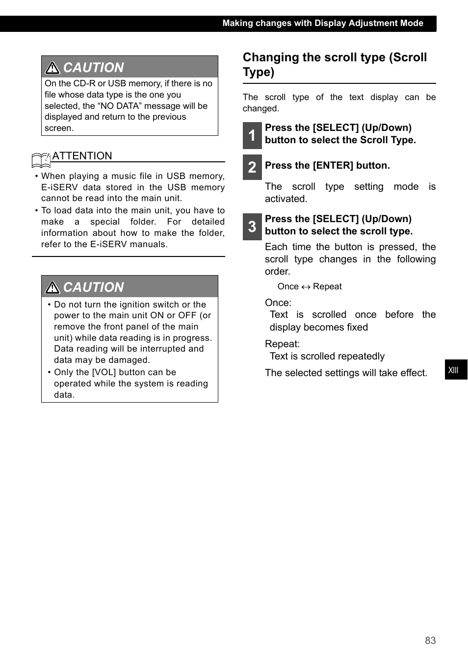 Changing the scroll type (scroll type), Caution 1 2 | Eclipse - Fujitsu Ten CD7200 MKII User Manual | Page 83 / 119