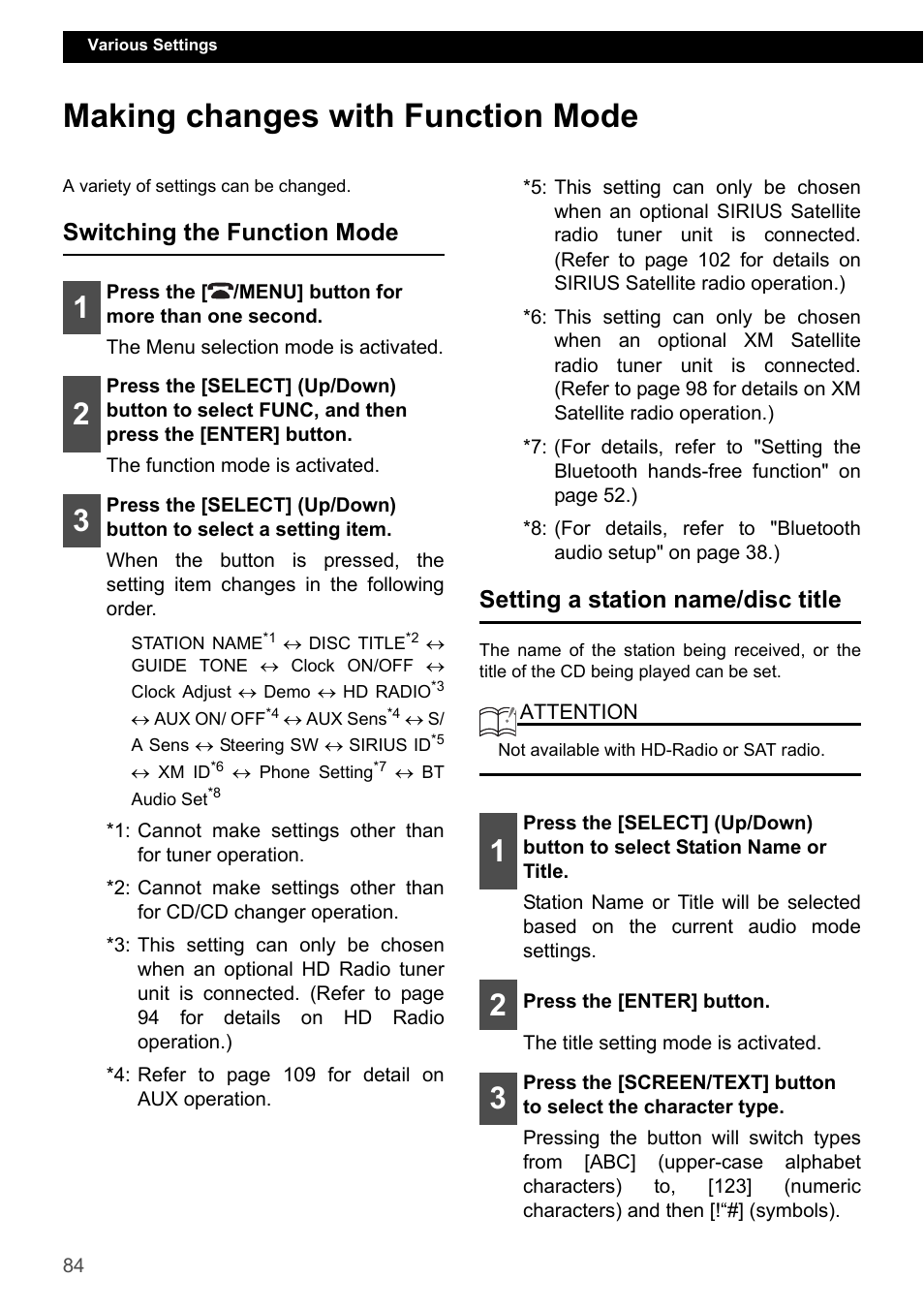 Making changes with function mode, Switching the function mode, Setting a station name/disc title | Eclipse - Fujitsu Ten CD7200 MKII User Manual | Page 84 / 119