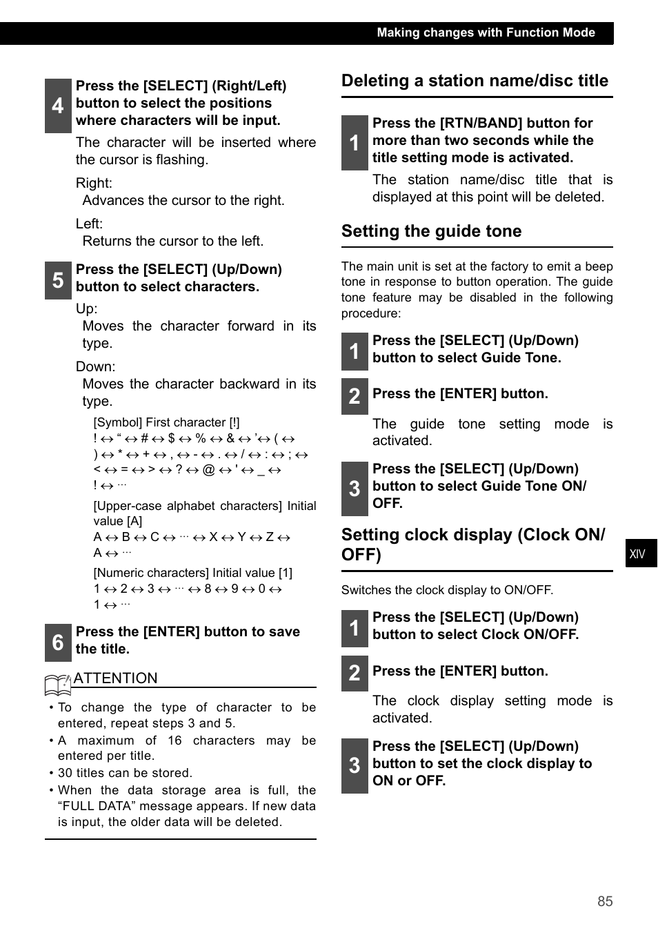 Deleting a station name/disc title, Setting the guide tone, Setting clock display (clock on/ off) | Eclipse - Fujitsu Ten CD7200 MKII User Manual | Page 85 / 119