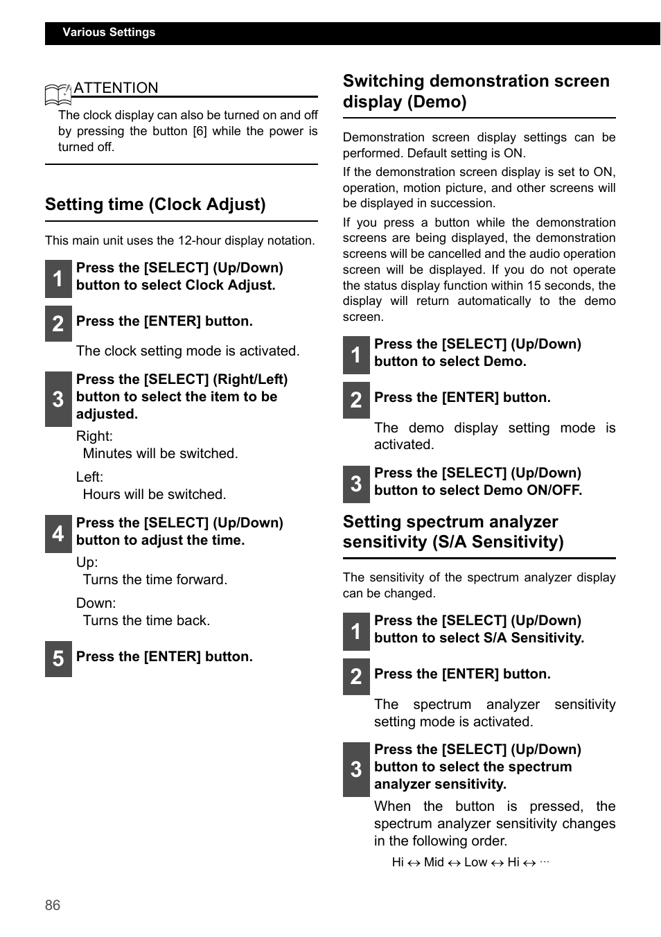 Setting time (clock adjust), Switching demonstration screen display (demo) | Eclipse - Fujitsu Ten CD7200 MKII User Manual | Page 86 / 119