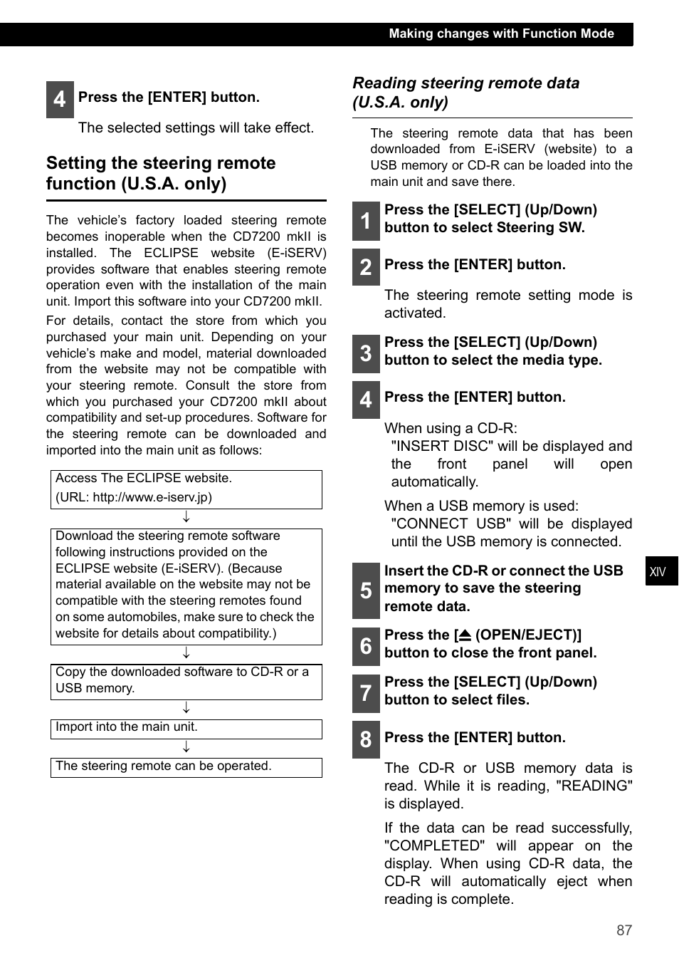 Setting the steering remote function (u.s.a. only), Reading steering remote data (u.s.a. only) | Eclipse - Fujitsu Ten CD7200 MKII User Manual | Page 87 / 119
