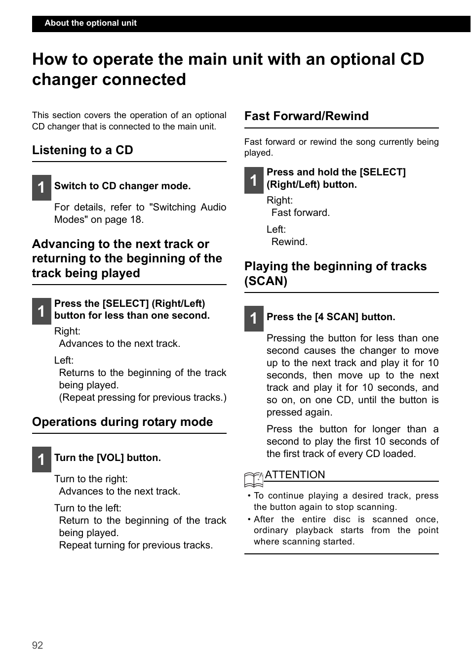 Listening to a cd, Operations during rotary mode, Fast forward/rewind | Playing the beginning of tracks (scan) | Eclipse - Fujitsu Ten CD7200 MKII User Manual | Page 92 / 119