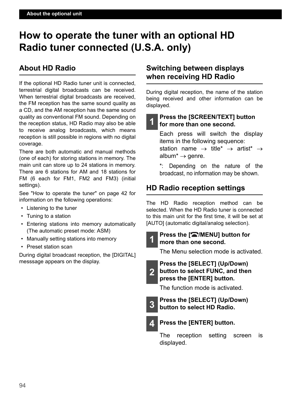 About hd radio, Switching between displays when receiving hd radio, Hd radio reception settings | Eclipse - Fujitsu Ten CD7200 MKII User Manual | Page 94 / 119