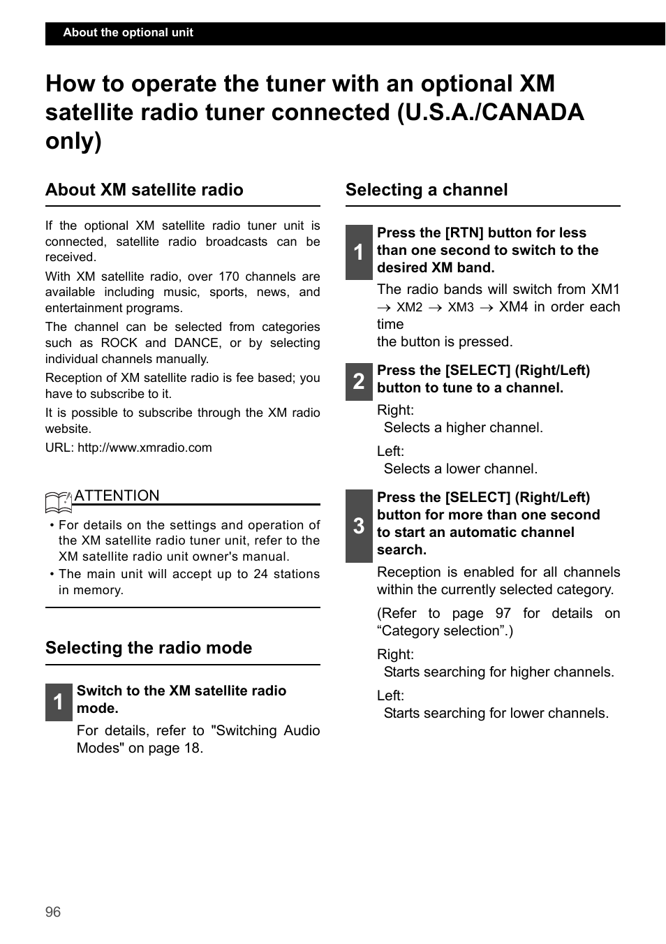 About xm satellite radio, Selecting the radio mode, Selecting a channel | Eclipse - Fujitsu Ten CD7200 MKII User Manual | Page 96 / 119