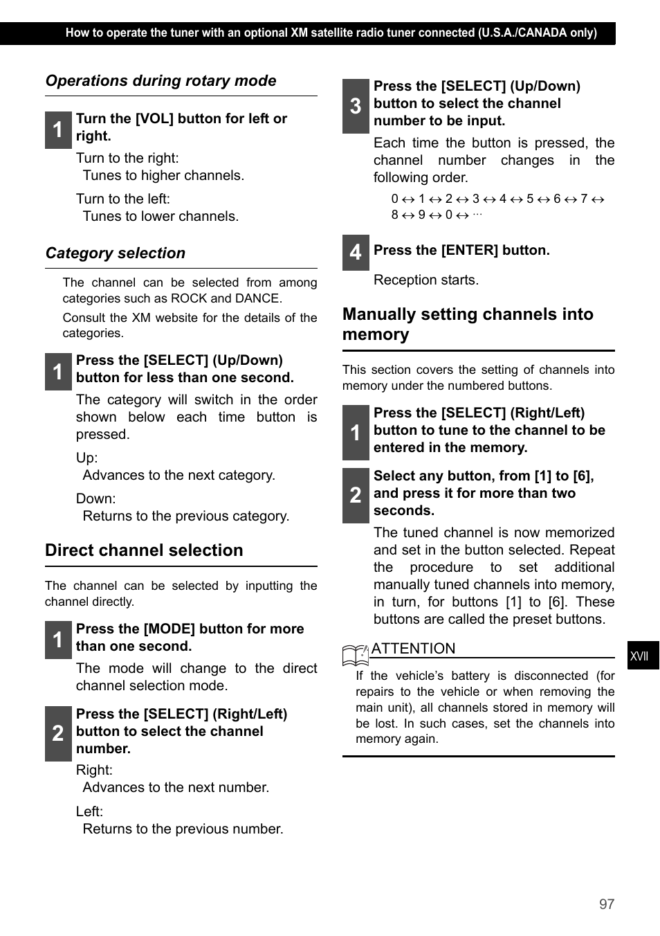 Operations during rotary mode, Category selection, Direct channel selection | Manually setting channels into memory, Operations during rotary mode category selection | Eclipse - Fujitsu Ten CD7200 MKII User Manual | Page 97 / 119