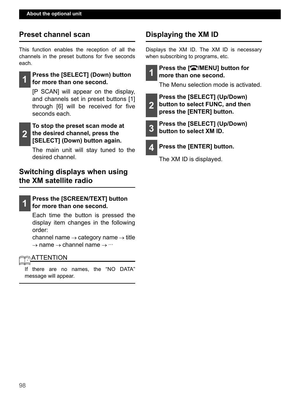 Preset channel scan, Displaying the xm id | Eclipse - Fujitsu Ten CD7200 MKII User Manual | Page 98 / 119