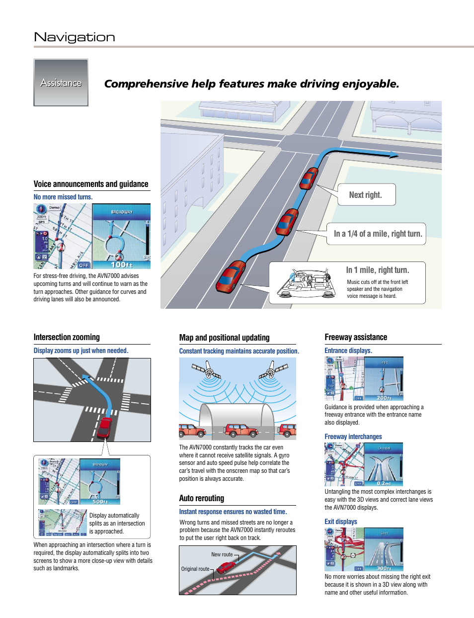 Navigation, Comprehensive help features make driving enjoyable, Assistance | Eclipse - Fujitsu Ten AV8533 User Manual | Page 10 / 52