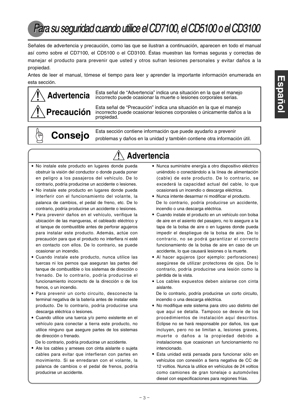 Consejo, Advertencia precaución, Advertencia | Eclipse - Fujitsu Ten CD5100 User Manual | Page 17 / 44