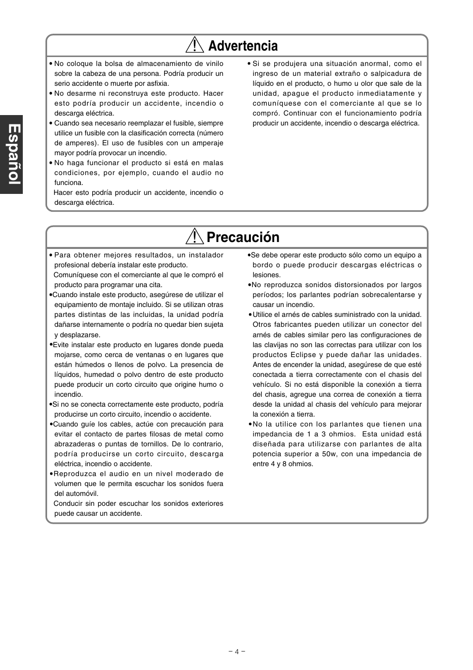 Advertencia precaución | Eclipse - Fujitsu Ten CD5100 User Manual | Page 18 / 44