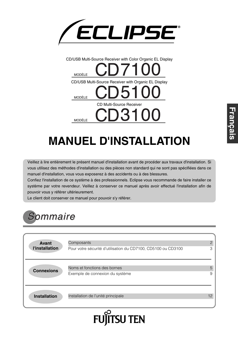 Manuel d'installation, Sommaire | Eclipse - Fujitsu Ten CD5100 User Manual | Page 29 / 44