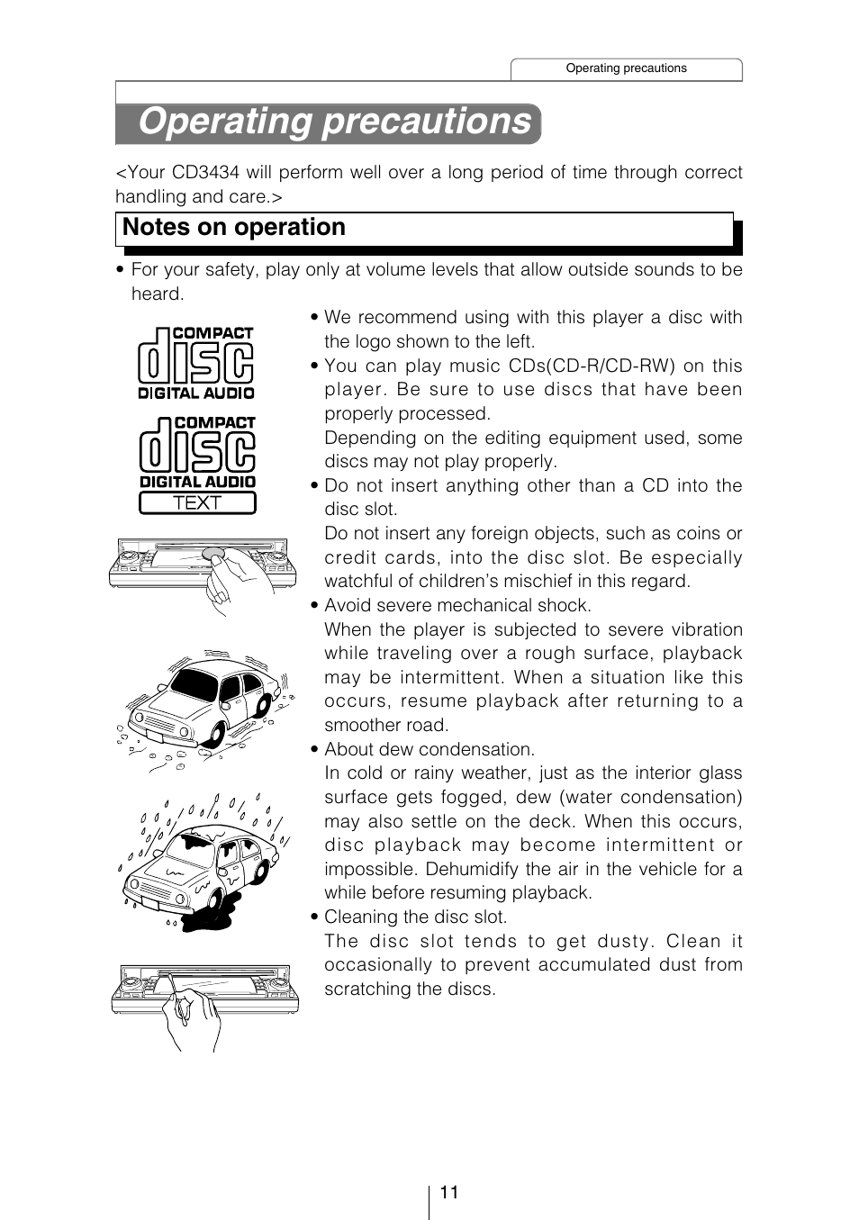 Operating precautions | Eclipse - Fujitsu Ten CD3434 User Manual | Page 11 / 92