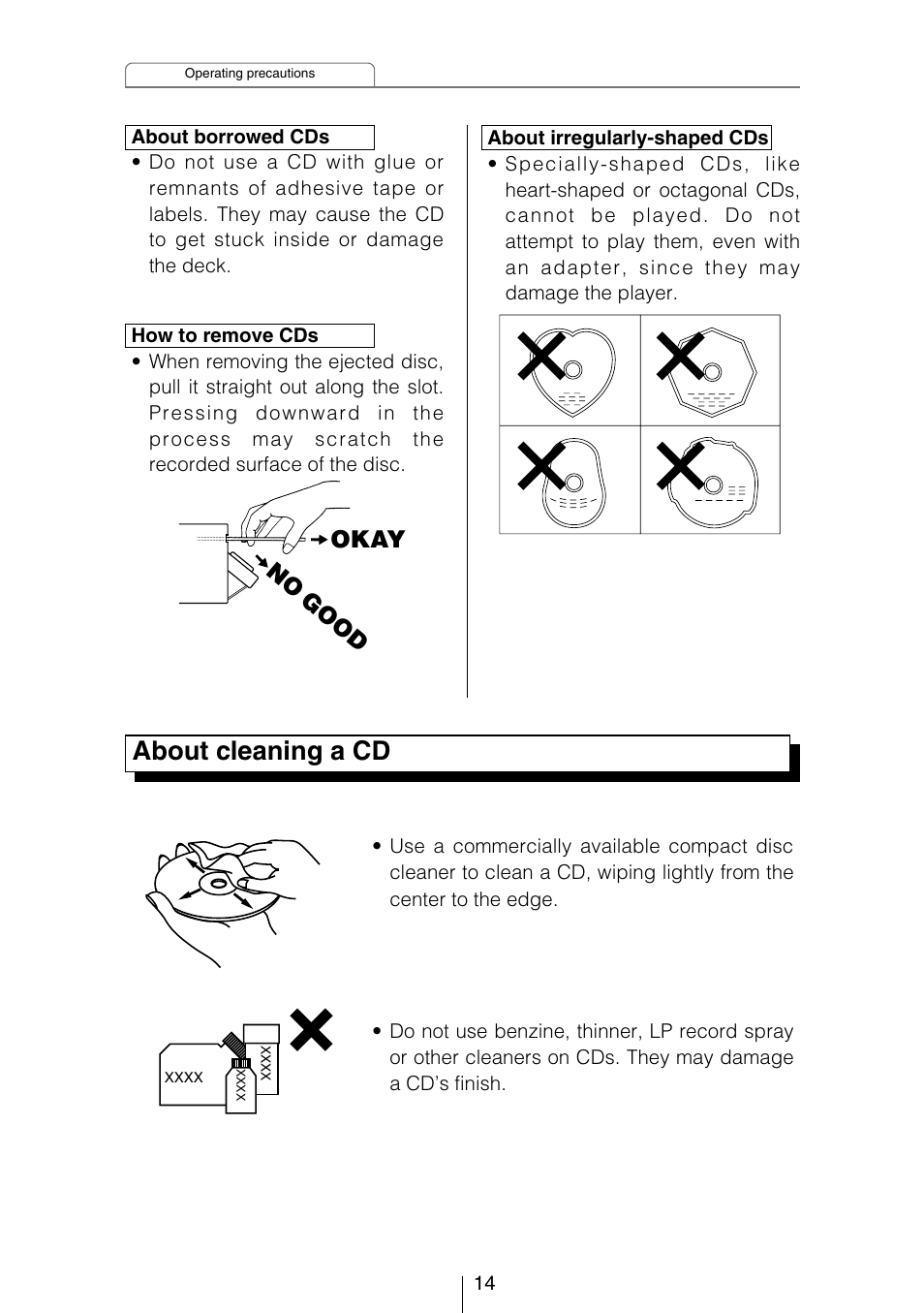 About cleaning a cd, Okay no good | Eclipse - Fujitsu Ten CD3434 User Manual | Page 14 / 92