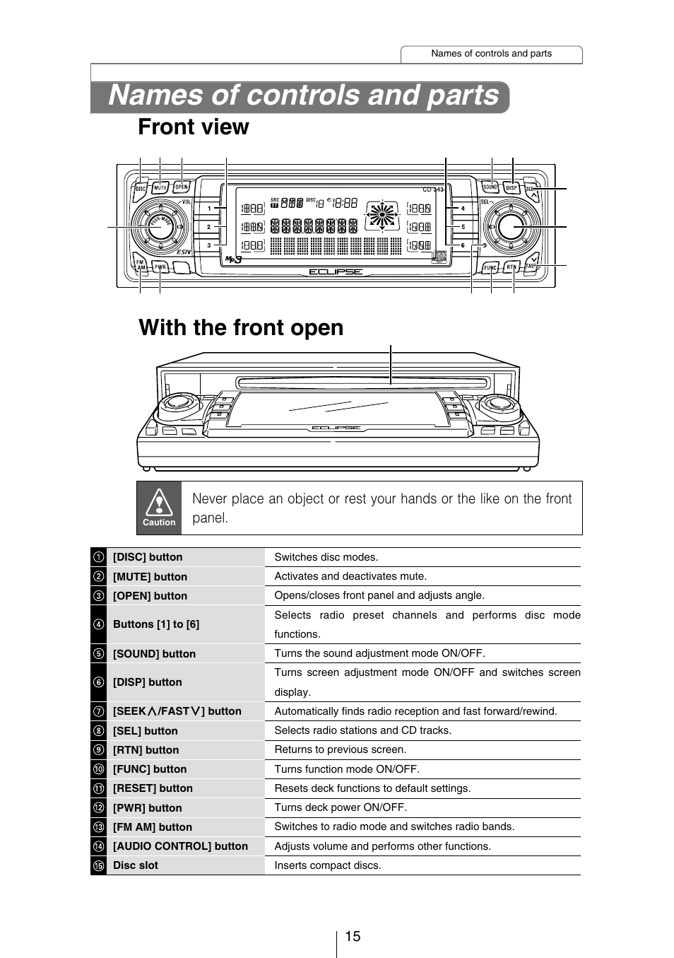 Names of controls and parts, Front view with the front open | Eclipse - Fujitsu Ten CD3434 User Manual | Page 15 / 92