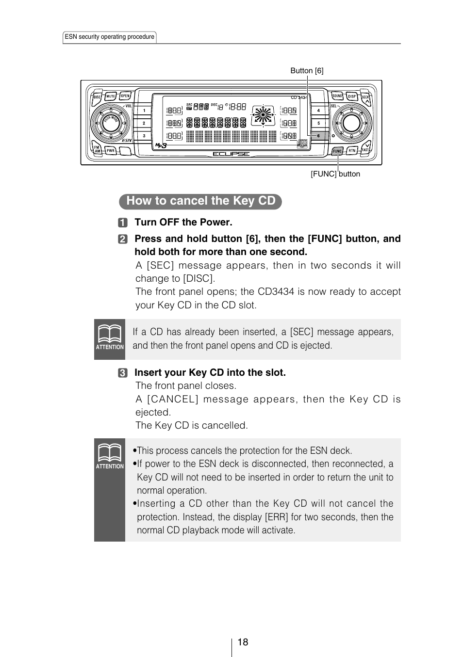 How to cancel the key cd | Eclipse - Fujitsu Ten CD3434 User Manual | Page 18 / 92