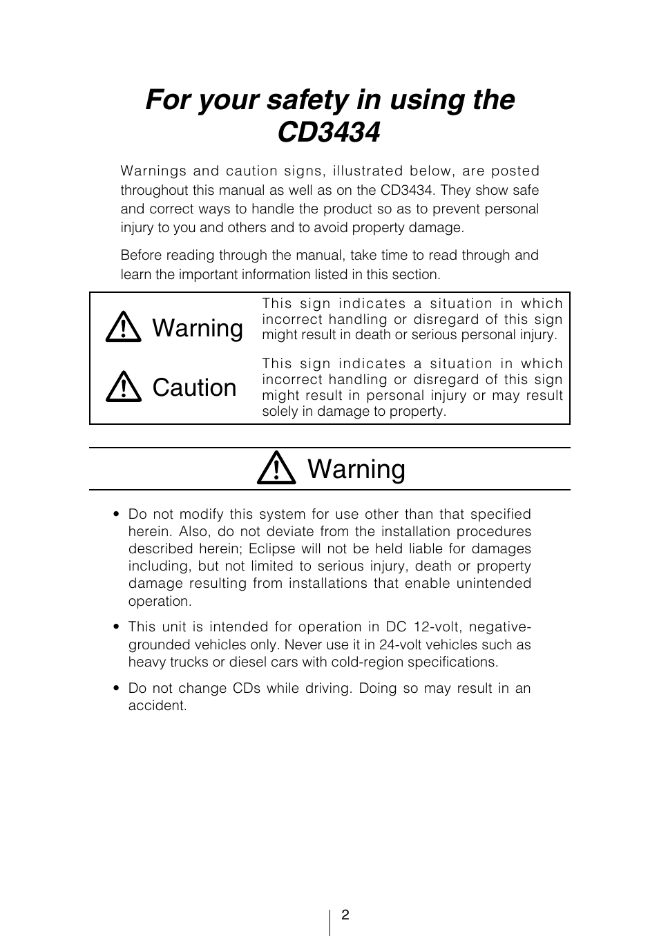 For your safety in using the cd3434, Warning, Caution warning | Eclipse - Fujitsu Ten CD3434 User Manual | Page 2 / 92