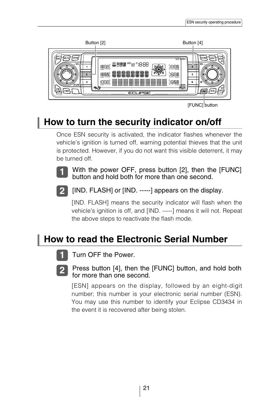 How to turn the security indicator on/off, How to read the electronic serial number | Eclipse - Fujitsu Ten CD3434 User Manual | Page 21 / 92