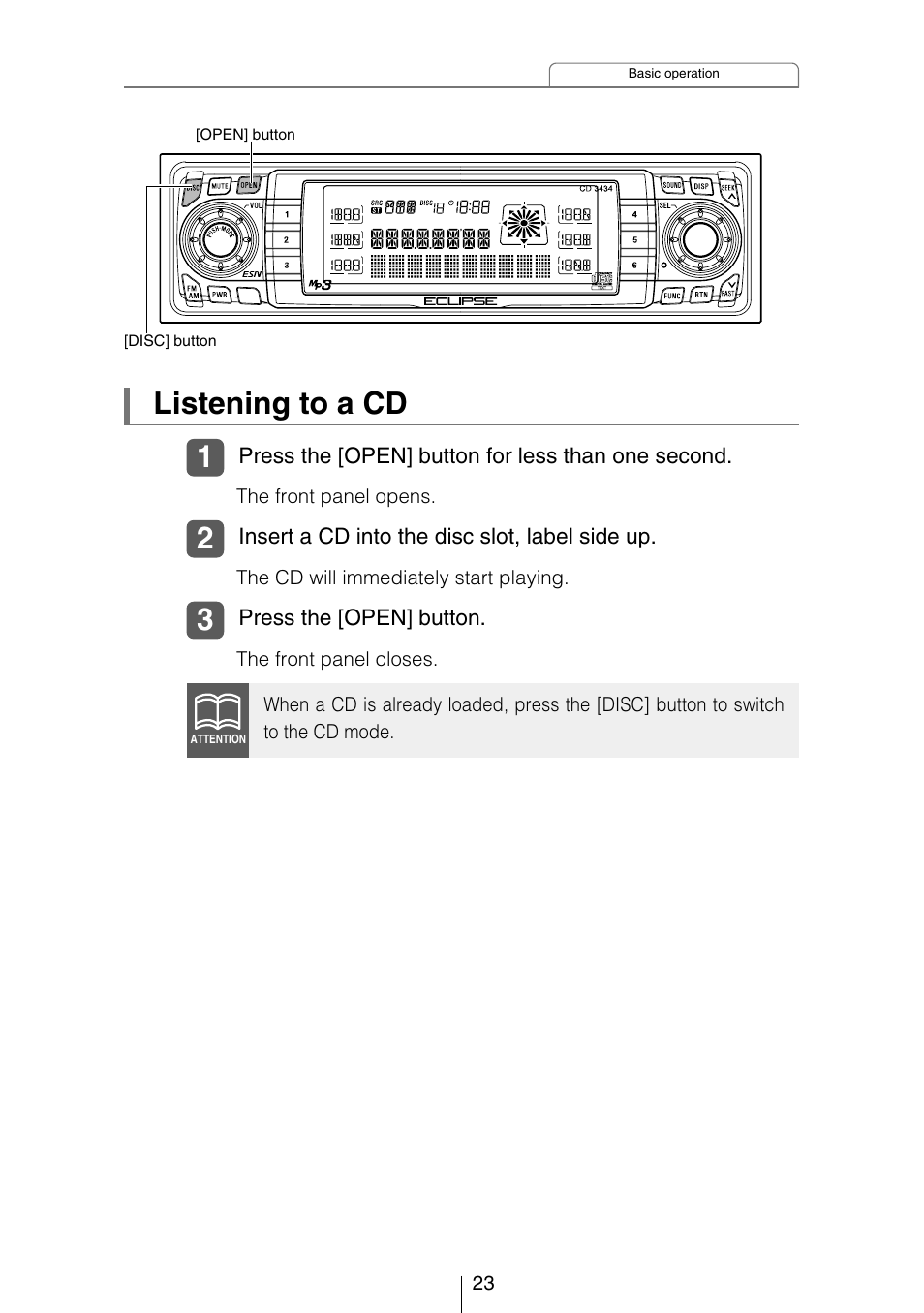 Listening to a cd | Eclipse - Fujitsu Ten CD3434 User Manual | Page 23 / 92