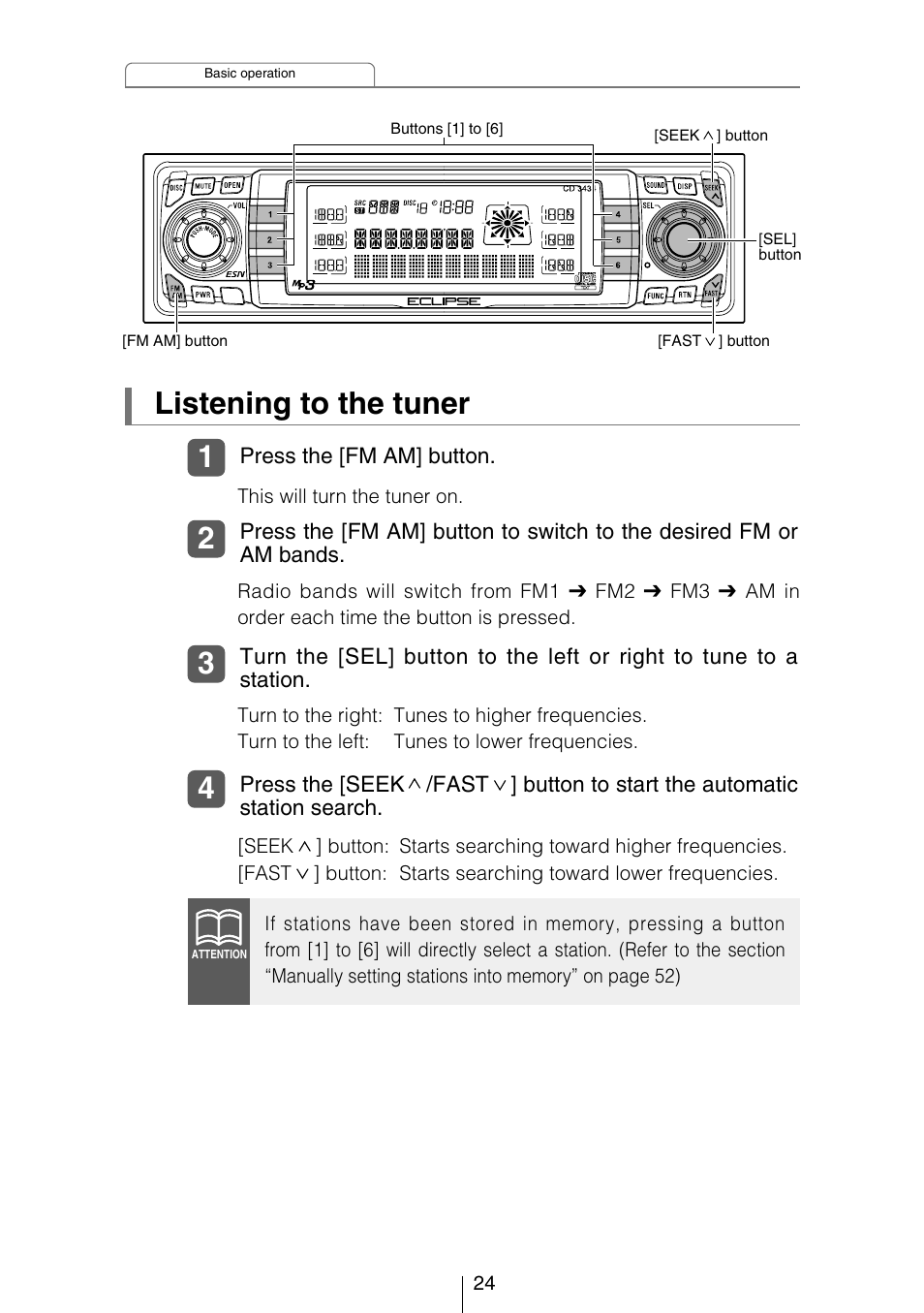 Listening to the tuner | Eclipse - Fujitsu Ten CD3434 User Manual | Page 24 / 92