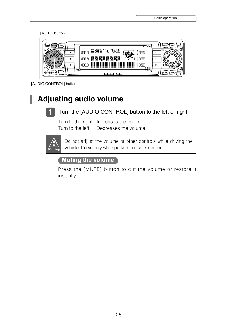 Adjusting audio volume, Muting the volume | Eclipse - Fujitsu Ten CD3434 User Manual | Page 25 / 92