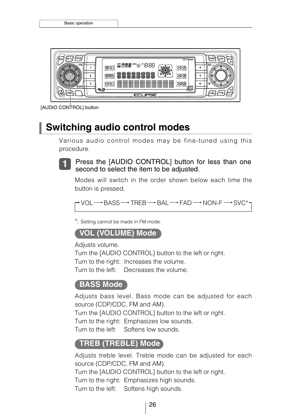 Switching audio control modes, Treb (treble) mode, Vol (volume) mode | Bass mode | Eclipse - Fujitsu Ten CD3434 User Manual | Page 26 / 92