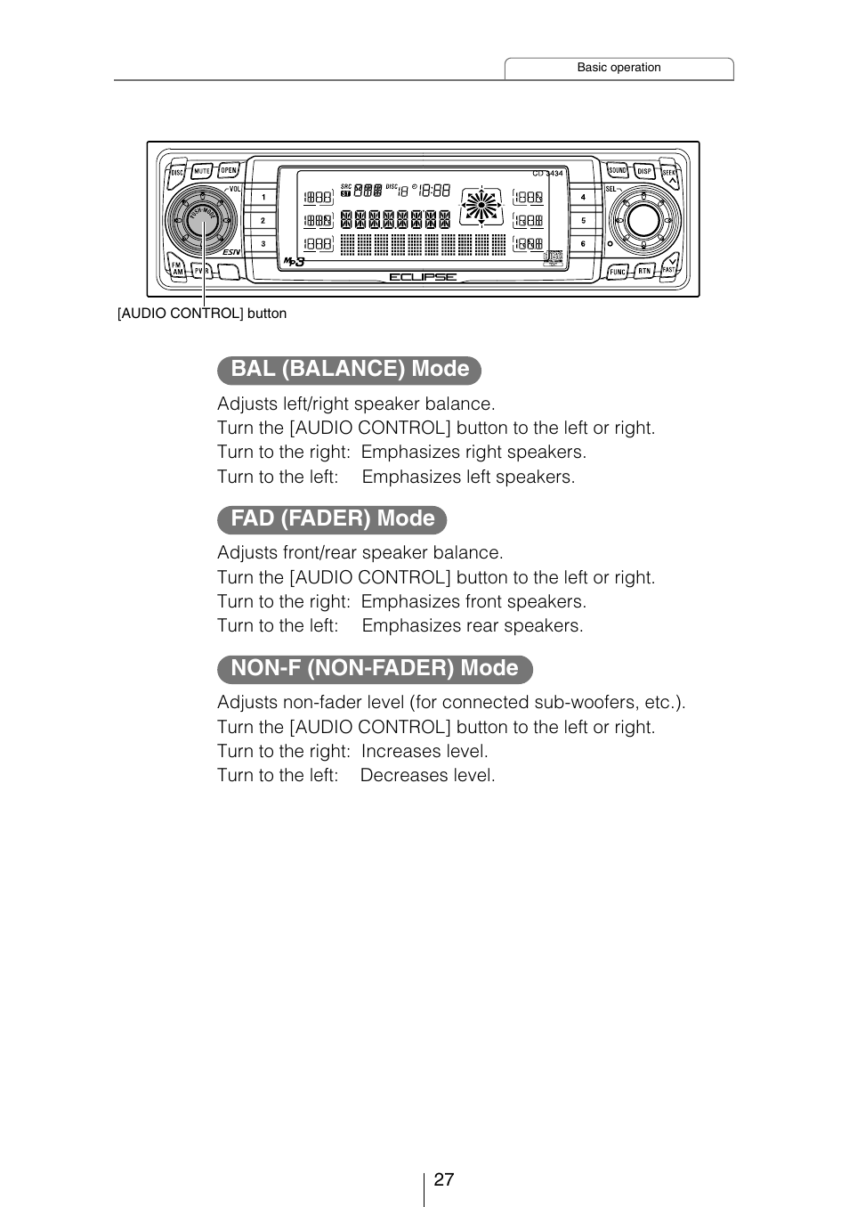 Bal (balance) mode, Fad (fader) mode, Non-f (non-fader) mode | Eclipse - Fujitsu Ten CD3434 User Manual | Page 27 / 92