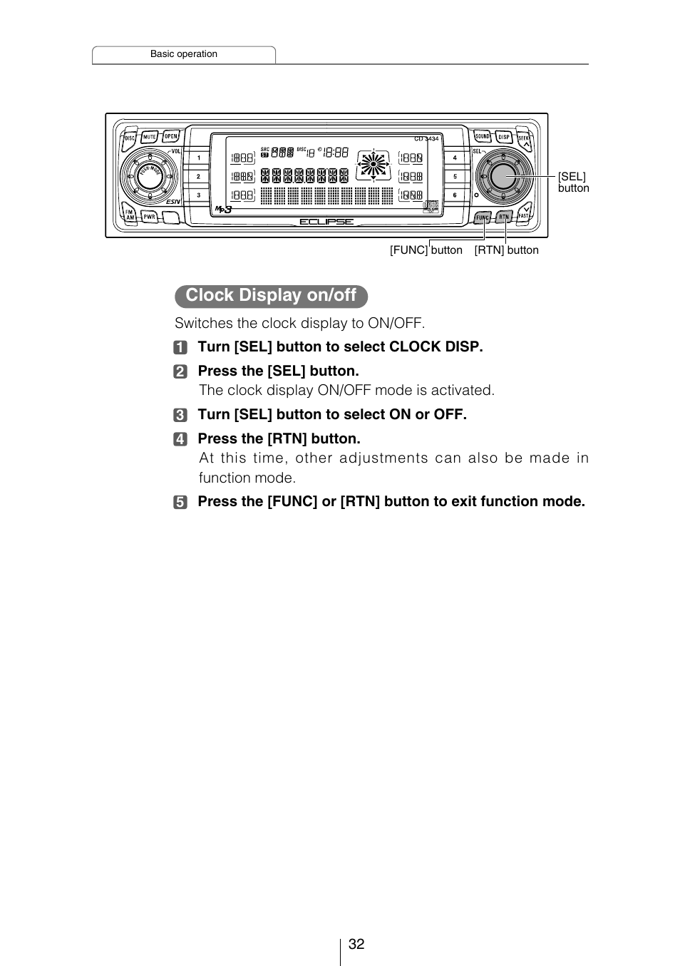 Clock display on/off | Eclipse - Fujitsu Ten CD3434 User Manual | Page 32 / 92