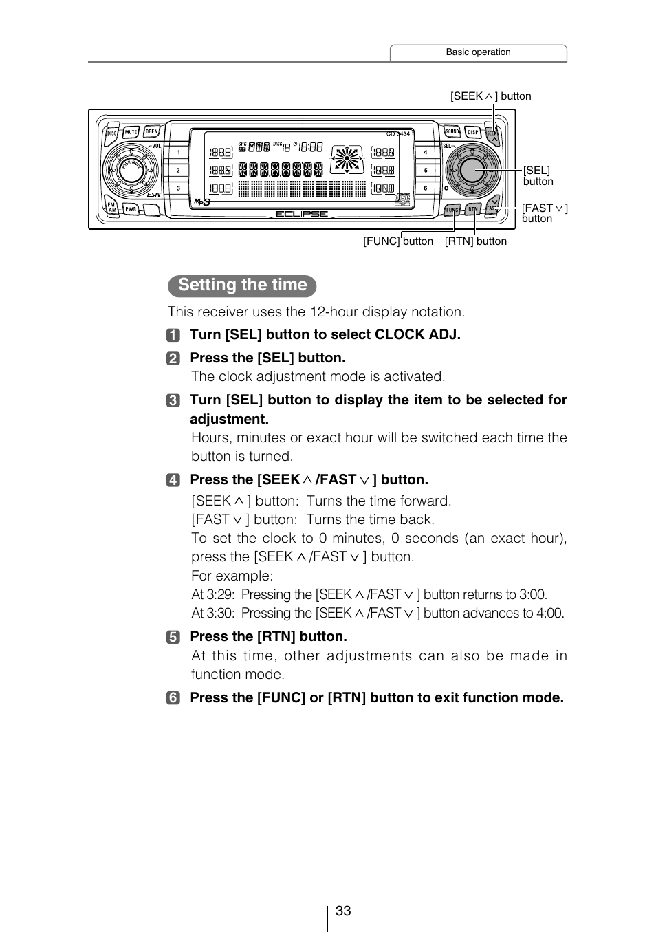 Setting the time | Eclipse - Fujitsu Ten CD3434 User Manual | Page 33 / 92