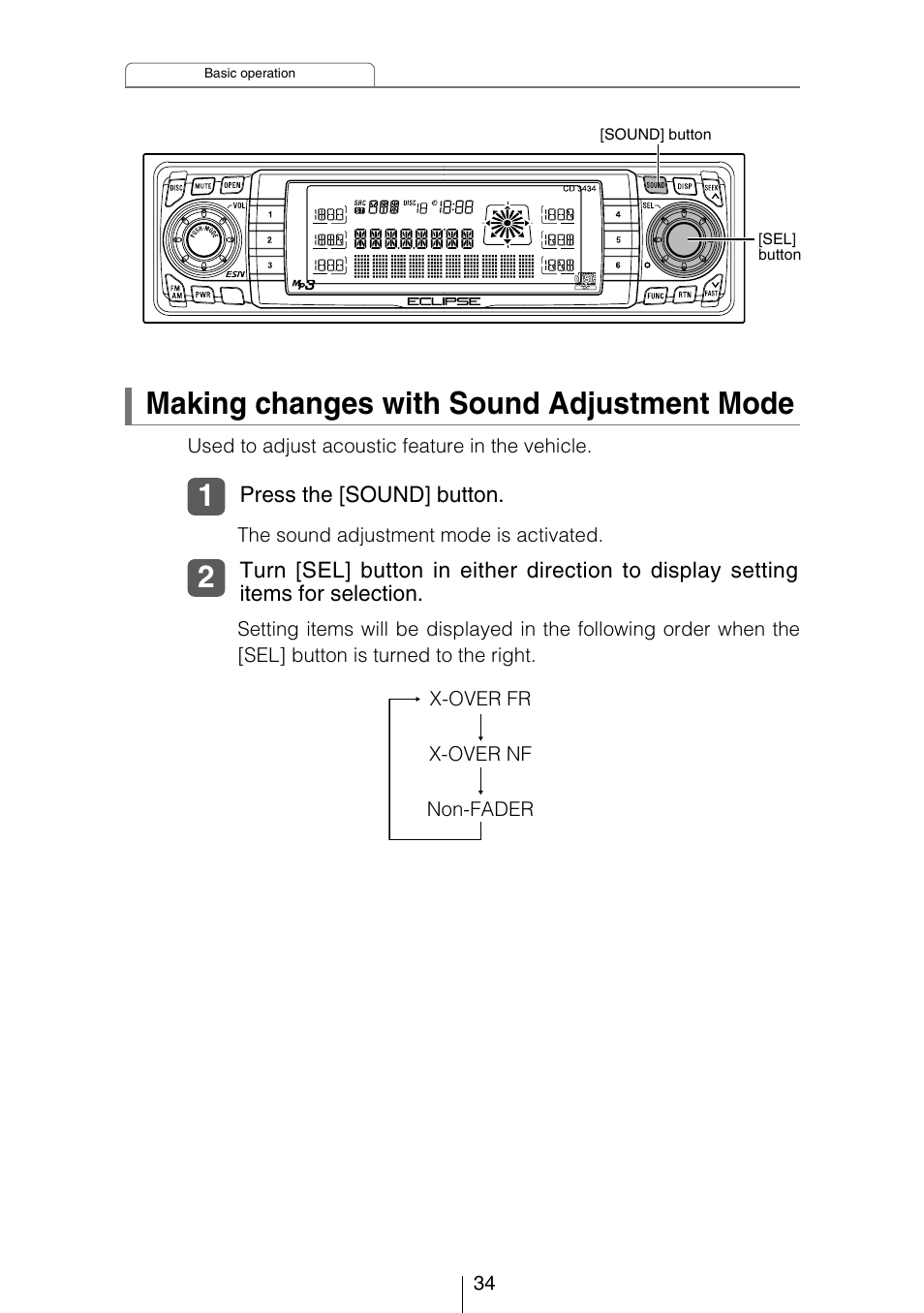 Making changes with sound adjustment mode | Eclipse - Fujitsu Ten CD3434 User Manual | Page 34 / 92