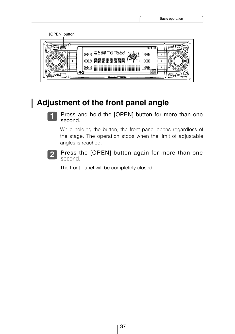 Adjustment of the front panel angle | Eclipse - Fujitsu Ten CD3434 User Manual | Page 37 / 92