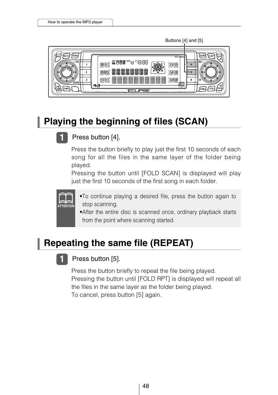 Playing the beginning of files (scan), Repeating the same file (repeat) | Eclipse - Fujitsu Ten CD3434 User Manual | Page 48 / 92