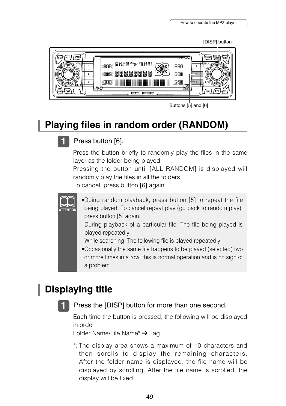 Playing files in random order (random), Displaying title | Eclipse - Fujitsu Ten CD3434 User Manual | Page 49 / 92