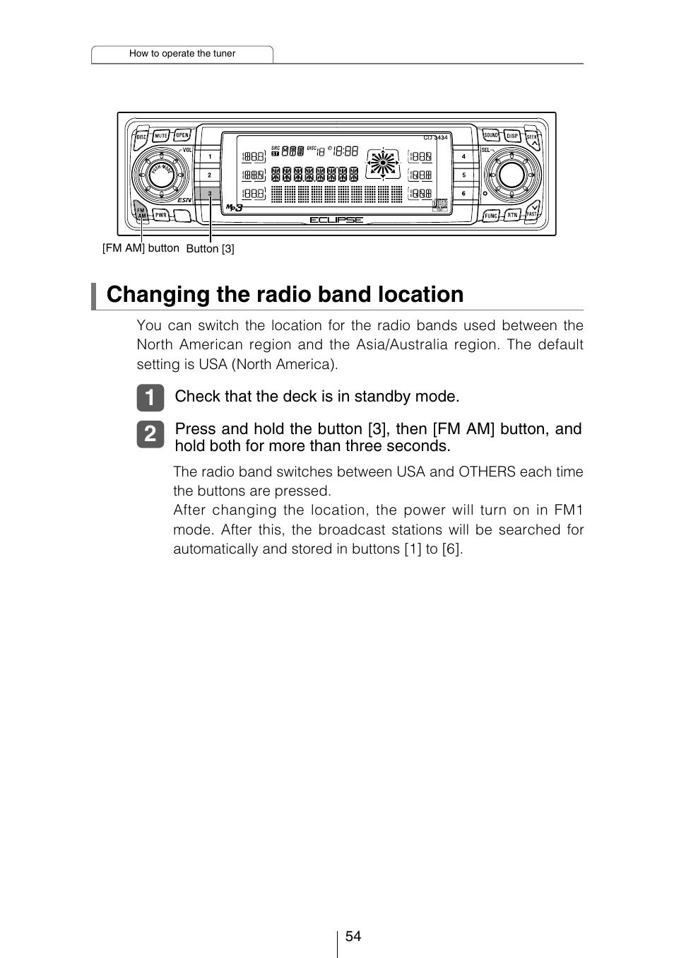 Changing the radio band location | Eclipse - Fujitsu Ten CD3434 User Manual | Page 54 / 92